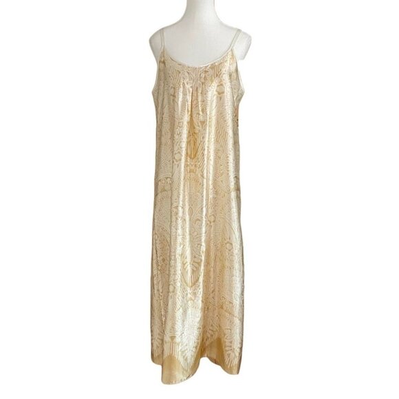 OSCAR DE LA RENTA CREAM GOLD PRINT SPAGHETTI SLEEVES SATIN MAXI SLIP SLEEPWEAR - Picture 1 of 8